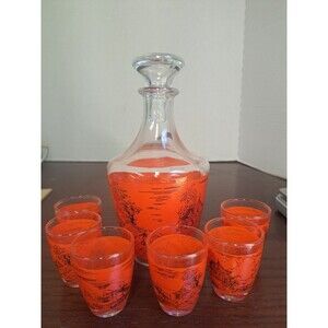 1960s Luminarc France Asian Landscape Design Sake Decanter With 6 Glasses
